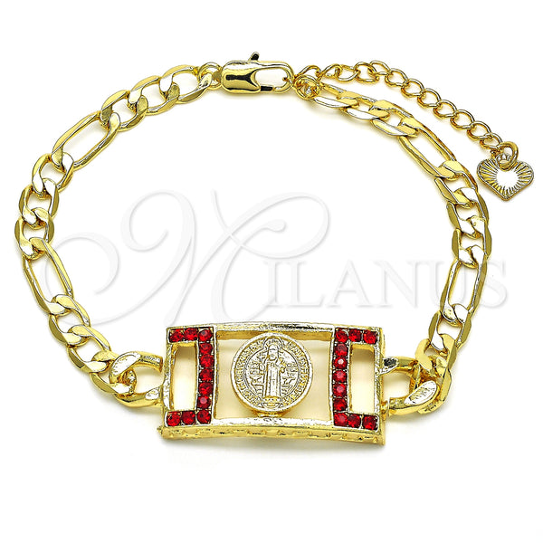 Oro Laminado Fancy Bracelet, Gold Filled Style San Benito Design, with Garnet Crystal, Polished, Golden Finish, 03.351.0042.1.07 (06 MM Thickness, 7 Inches Length)