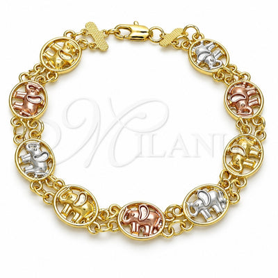 Oro Laminado Fancy Bracelet, Gold Filled Style Elephant Design, Polished, Tricolor, 03.351.0043.09 (12 MM Thickness, 9 Inches Length)