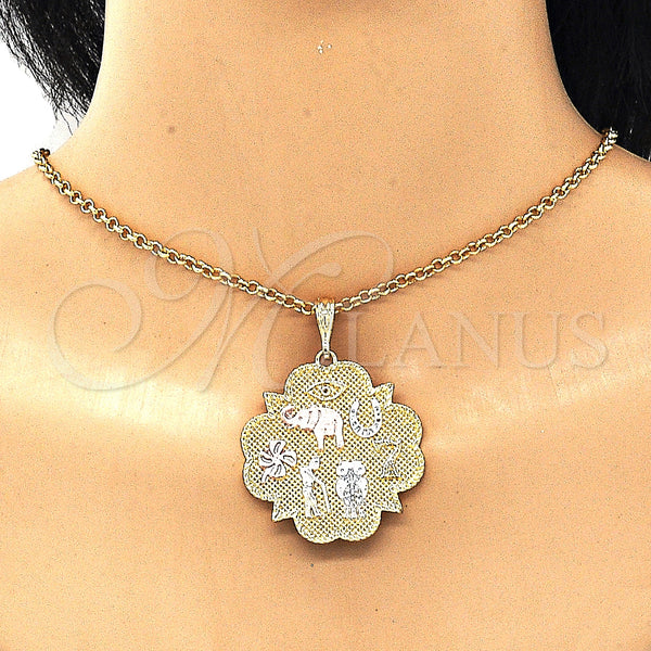 Gold Filled Pendant — Religious Pendant Elephant and Owl Design Polished Tricolor — alternate product view — SKU 128632 | Oro Laminado dije — Religious Pendant Elephant and Owl diseño pulido Tricolor — SKU 128632