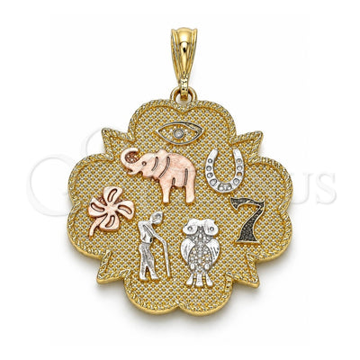 Oro Laminado Religious Pendant, Gold Filled Style Elephant and Owl Design, Polished, Tricolor, 05.351.0022
