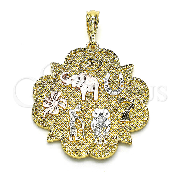 Gold Filled Pendant — Religious Pendant Elephant and Owl Design Polished Tricolor — main product view — SKU 128632 | Oro Laminado dije — Religious Pendant Elephant and Owl diseño pulido Tricolor — SKU 128632