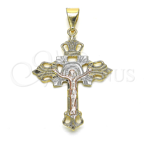 Oro Laminado Religious Pendant, Gold Filled Style Crucifix Design, Polished, Tricolor, 05.351.0025.1