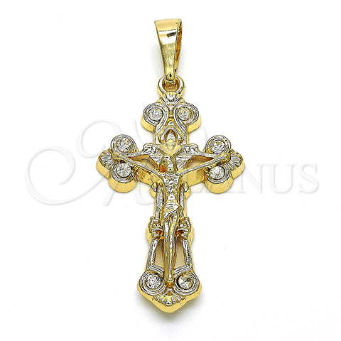 Oro Laminado Religious Pendant, Gold Filled Style Crucifix Design, with White Crystal, Polished, Golden Finish, 05.351.0026