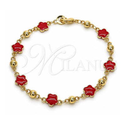 Oro Laminado Fancy Bracelet, Gold Filled Style Flower Design, Red Enamel Finish, Golden Finish, 03.213.0015.6.08 (08 MM Thickness, 8 Inches Length)