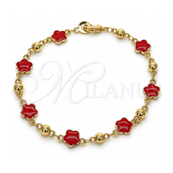 Oro Laminado Fancy Bracelet, Gold Filled Style Flower Design, Red Enamel Finish, Golden Finish, 03.213.0015.6.08 (08 MM Thickness, 8 Inches Length)