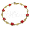 Oro Laminado Fancy Bracelet, Gold Filled Style Flower Design, Red Enamel Finish, Golden Finish, 03.213.0015.6.08 (08 MM Thickness, 8 Inches Length)