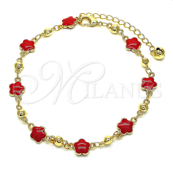 Oro Laminado Fancy Anklet, Gold Filled Style Flower Design, Red Enamel Finish, Golden Finish, 03.213.0015.6.10 (08 MM Thickness, 10 Inches Length)