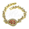 Oro Laminado Fancy Bracelet, Gold Filled Style Leaf and Heart Design, with Garnet and White Cubic Zirconia, Polished, Golden Finish, 03.210.0121.07 (07 MM Thickness, 7 Inches Length)