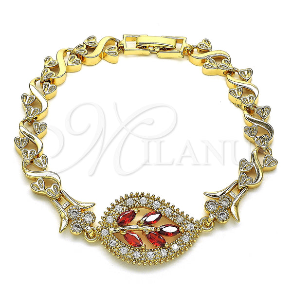 Gold Filled Bracelet — Fancy Bracelet Leaf and Heart Design with Garnet — main product view — SKU 128646 | Oro Laminado brazalete — elegante Bracelet Leaf and corazón diseño with Garnet — SKU 128646