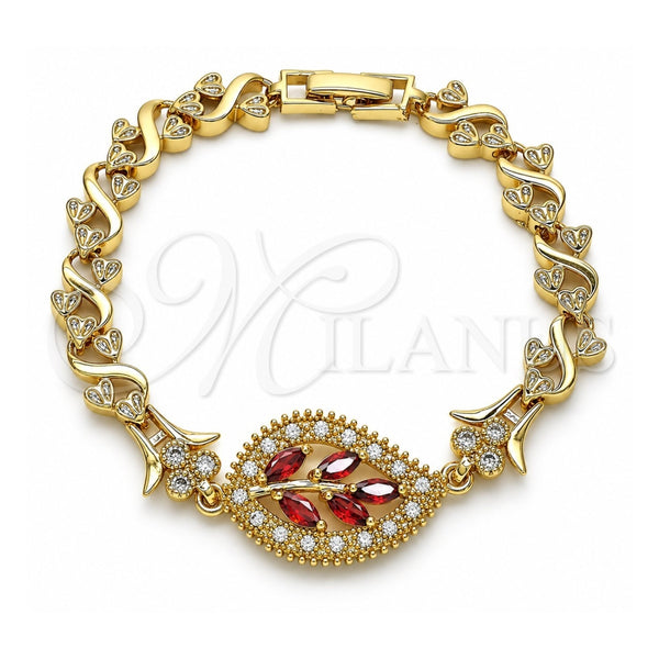 Oro Laminado Fancy Bracelet, Gold Filled Style Leaf and Heart Design, with Garnet and White Cubic Zirconia, Polished, Golden Finish, 03.210.0121.07 (07 MM Thickness, 7 Inches Length)