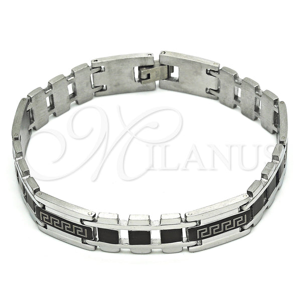 Stainless Steel Solid Bracelet, Greek Key Design, Polished, Black Rhodium Finish, 03.114.0311.1.09 (12 MM Thickness, 9 Inches Length)