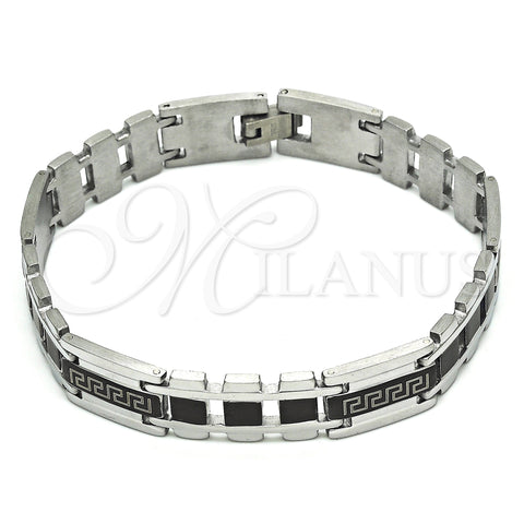 Stainless Steel Solid Bracelet, Greek Key Design, Polished, Black Rhodium Finish, 03.114.0311.1.09 (12 MM Thickness, 9 Inches Length)