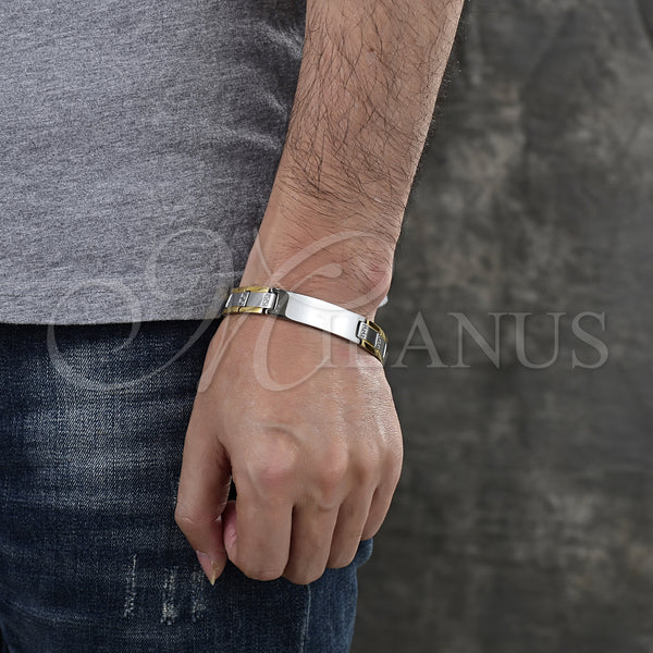 Stainless Steel Bracelet — Solid Bracelet Greek Key Design Polished Two Tone — alternate product view — SKU 128712 | Acero Inoxidable brazalete — Solid Bracelet Greek Key diseño pulido Two Tone — SKU 128712