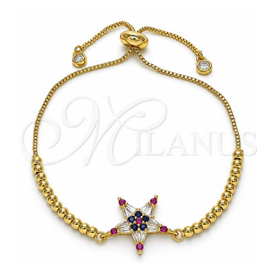 Oro Laminado Adjustable Bolo Bracelet, Gold Filled Style Star Design, with Multicolor Cubic Zirconia, Polished, Golden Finish, 03.341.0001.10 (01 MM Thickness, 10 Inches Length)
