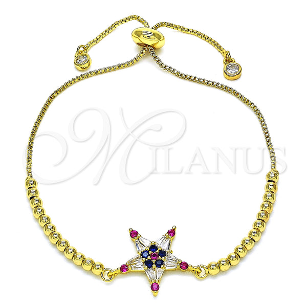 Oro Laminado Adjustable Bolo Bracelet, Gold Filled Style Star Design, with Multicolor Cubic Zirconia, Polished, Golden Finish, 03.341.0001.10 (01 MM Thickness, 10 Inches Length)