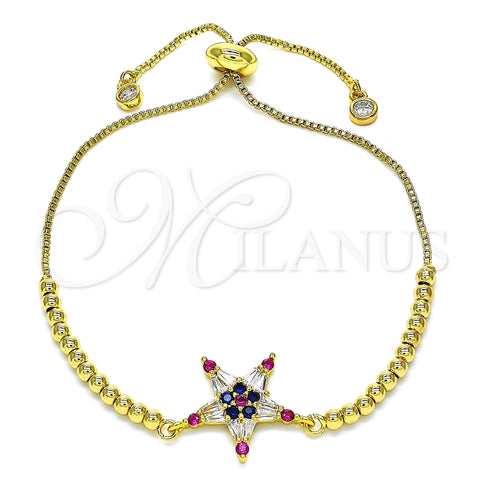 Oro Laminado Adjustable Bolo Bracelet, Gold Filled Style Star Design, with Multicolor Cubic Zirconia, Polished, Golden Finish, 03.341.0001.10 (01 MM Thickness, 10 Inches Length)