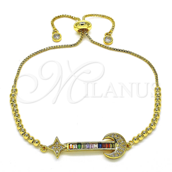 Gold Filled Bracelet — Adjustable Bolo Bracelet Moon and Baguette Design with — main product view — SKU 128721 | Oro Laminado brazalete — Adjustable Bolo Bracelet Moon and Baguette diseño with — SKU 128721
