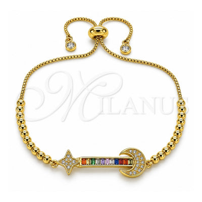 Oro Laminado Adjustable Bolo Bracelet, Gold Filled Style Moon and Baguette Design, with Multicolor Cubic Zirconia, Polished, Golden Finish, 03.341.0006.11 (01 MM Thickness, 11 Inches Length)
