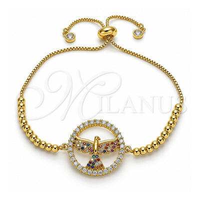 Oro Laminado Adjustable Bolo Bracelet, Gold Filled Style Eagle Design, with Multicolor Cubic Zirconia, Polished, Golden Finish, 03.341.0007.11 (01 MM Thickness, 11 Inches Length)