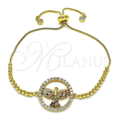 Oro Laminado Adjustable Bolo Bracelet, Gold Filled Style Eagle Design, with Multicolor Cubic Zirconia, Polished, Golden Finish, 03.341.0007.11 (01 MM Thickness, 11 Inches Length)