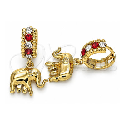 Oro Laminado Huggie Hoop, Gold Filled Style Elephant Design, with Garnet and White Crystal, Polished, Golden Finish, 02.94.0106.1