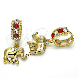 Gold Filled Hoop Earrings — Huggie Hoop Elephant Design with Garnet and White — main product view — SKU 128729 | Oro Laminado aretes de aro — Huggie Hoop Elephant diseño with Garnet and blanco — SKU 128729