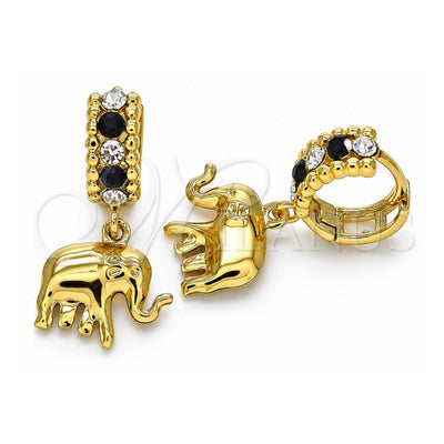 Oro Laminado Huggie Hoop, Gold Filled Style Elephant Design, with Black and White Crystal, Polished, Golden Finish, 02.94.0106.2