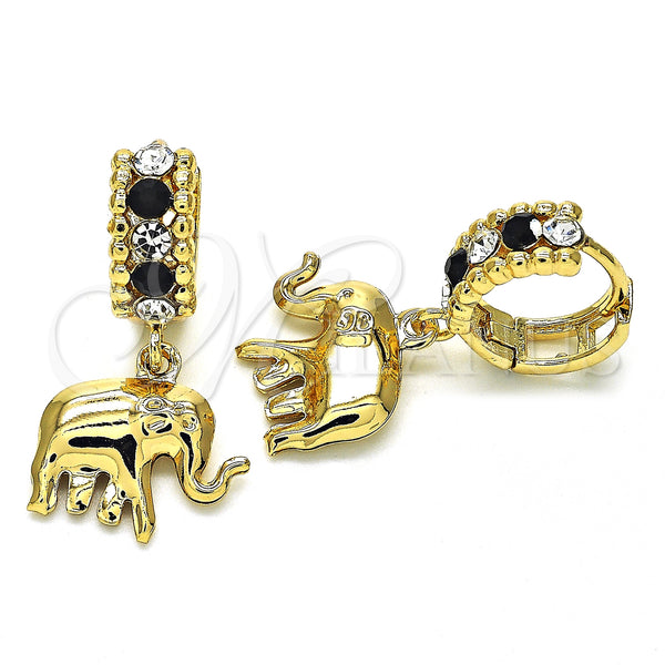 Gold Filled Hoop Earrings — Huggie Hoop Elephant Design with Black and White — main product view — SKU 128730 | Oro Laminado aretes de aro — Huggie Hoop Elephant diseño with negro and blanco — SKU 128730