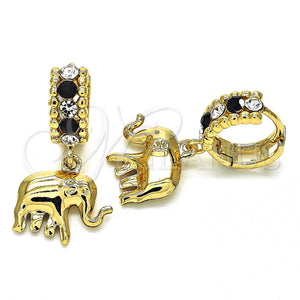 Gold Filled Hoop Earrings — Huggie Hoop Elephant Design with Black and White — main product view — SKU 128730 | Oro Laminado aretes de aro — Huggie Hoop Elephant diseño with negro and blanco — SKU 128730