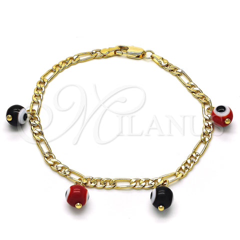Oro Laminado Charm Bracelet, Gold Filled Style Evil Eye Design, Red Polished, Golden Finish, 03.63.2070.08 (04 MM Thickness, 8 Inches Length)