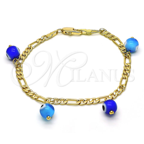 Oro Laminado Charm Bracelet, Gold Filled Style Evil Eye Design, Blue Polished, Golden Finish, 03.63.2070.1.08 (04 MM Thickness, 8 Inches Length)