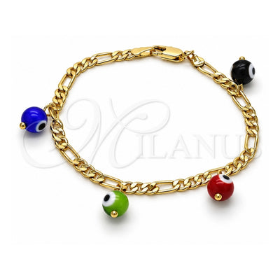 Oro Laminado Charm Bracelet, Gold Filled Style Evil Eye Design, Multicolor Polished, Golden Finish, 03.63.2070.2.08 (04 MM Thickness, 8 Inches Length)