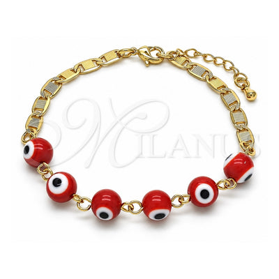 Oro Laminado Fancy Bracelet, Gold Filled Style Evil Eye Design, Red Polished, Golden Finish, 03.63.2071.1.07 (04 MM Thickness, 7 Inches Length)