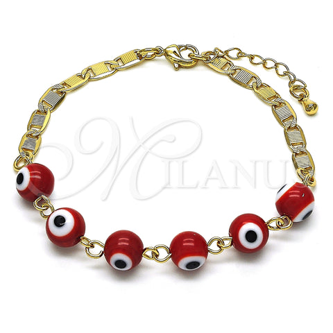 Oro Laminado Fancy Bracelet, Gold Filled Style Evil Eye Design, Red Polished, Golden Finish, 03.63.2071.1.07 (04 MM Thickness, 7 Inches Length)