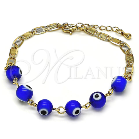 Oro Laminado Fancy Bracelet, Gold Filled Style Evil Eye Design, Blue Polished, Golden Finish, 03.63.2071.2.07 (04 MM Thickness, 7 Inches Length)