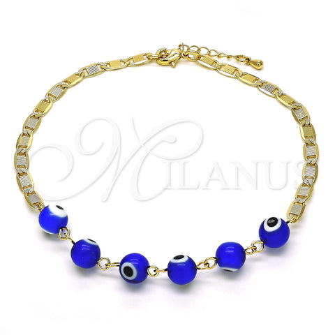 Oro Laminado Fancy Anklet, Gold Filled Style Evil Eye Design, Blue Polished, Golden Finish, 03.63.2071.2.10 (04 MM Thickness, 10 Inches Length)
