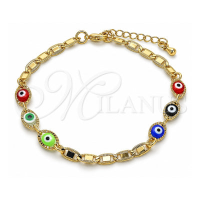 Oro Laminado Fancy Bracelet, Gold Filled Style Evil Eye Design, Multicolor Polished, Golden Finish, 03.63.2072.08 (04 MM Thickness, 8 Inches Length)
