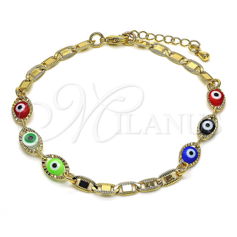Oro Laminado Fancy Bracelet, Gold Filled Style Evil Eye Design, Multicolor Polished, Golden Finish, 03.63.2072.08 (04 MM Thickness, 8 Inches Length)