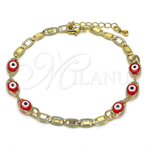 Oro Laminado Fancy Bracelet, Gold Filled Style Evil Eye Design, Red Polished, Golden Finish, 03.63.2072.1.08 (04 MM Thickness, 8 Inches Length)