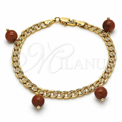 Oro Laminado Charm Bracelet, Gold Filled Style Curb Design, with Brown Goldstone Venturina, Polished, Golden Finish, 03.63.2073.08 (04 MM Thickness, 8 Inches Length)