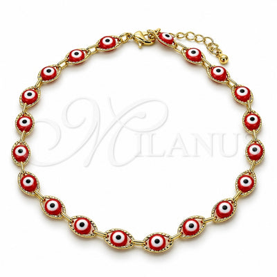 Oro Laminado Fancy Anklet, Gold Filled Style Evil Eye Design, Red Resin Finish, Golden Finish, 04.63.1347.1.10 (06 MM Thickness, 10 Inches Length)