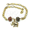 Oro Laminado Charm Bracelet, Gold Filled Style Elephant Design, with Garnet and Black Crystal, Polished, Golden Finish, 03.63.2076.1.08 (04 MM Thickness, 8 Inches Length)