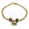 Oro Laminado Charm Bracelet, Gold Filled Style Elephant Design, with Garnet and Black Crystal, Polished, Golden Finish, 03.63.2076.1.08 (04 MM Thickness, 8 Inches Length)