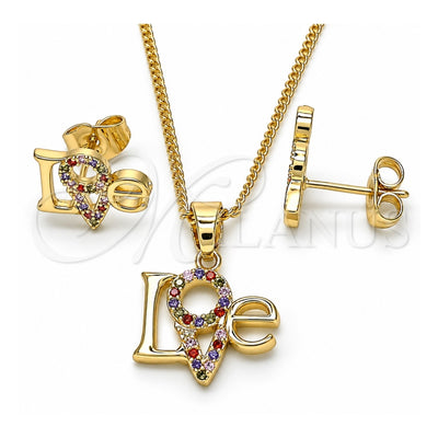 Oro Laminado Earring and Pendant Adult Set, Gold Filled Style Love Design, with Multicolor Micro Pave, Polished, Golden Finish, 10.316.0035