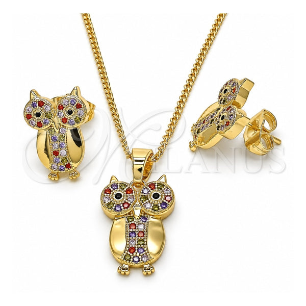 Oro Laminado Earring and Pendant Adult Set, Gold Filled Style Owl Design, with Multicolor Micro Pave, Polished, Golden Finish, 10.316.0037