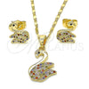 Oro Laminado Earring and Pendant Adult Set, Gold Filled Style Swan Design, with Multicolor Micro Pave, Polished, Golden Finish, 10.316.0039