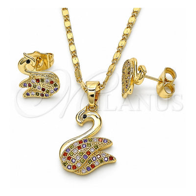 Oro Laminado Earring and Pendant Adult Set, Gold Filled Style Swan Design, with Multicolor Micro Pave, Polished, Golden Finish, 10.316.0039