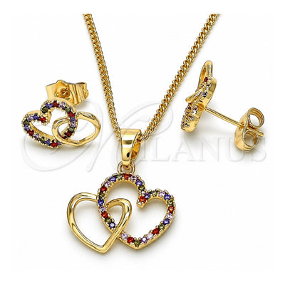 Oro Laminado Earring and Pendant Adult Set, Gold Filled Style Heart Design, with Multicolor Cubic Zirconia, Polished, Golden Finish, 10.316.0042