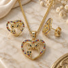 Oro Laminado Earring and Pendant Adult Set, Gold Filled Style Heart and Owl Design, with Multicolor Micro Pave, Polished, Golden Finish, 10.316.0043