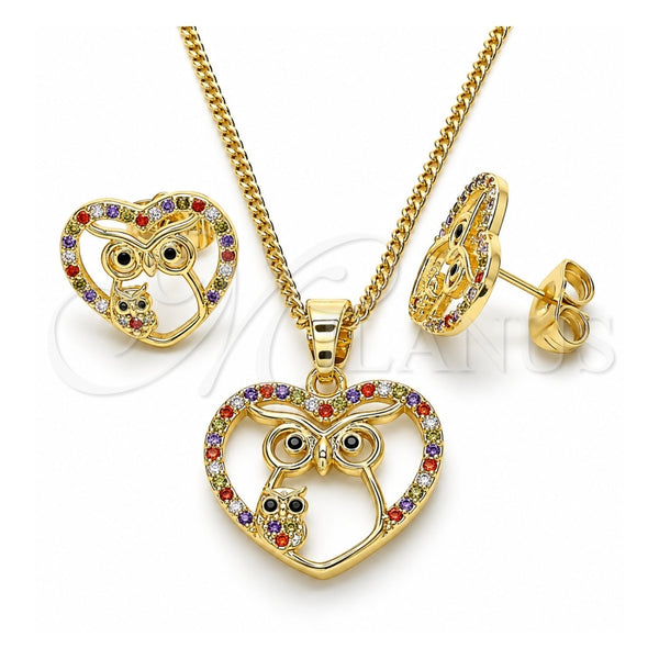 Oro Laminado Earring and Pendant Adult Set, Gold Filled Style Heart and Owl Design, with Multicolor Micro Pave, Polished, Golden Finish, 10.316.0043